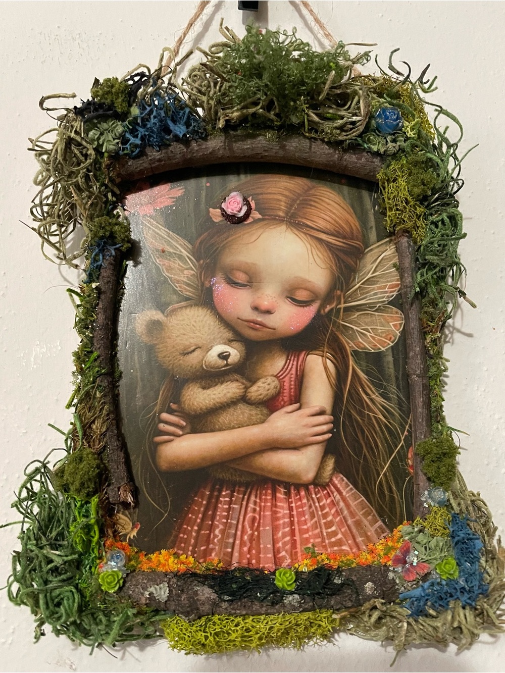 Whimsical Fairy Girl with Teddy Print - handcrafted border fairycore wall decor